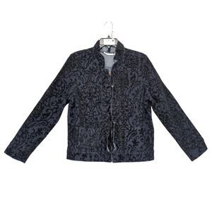 Tantrums Navy Denim Velour Flocked Full Zip Jacket Women's L Ruffle Trim Pockets